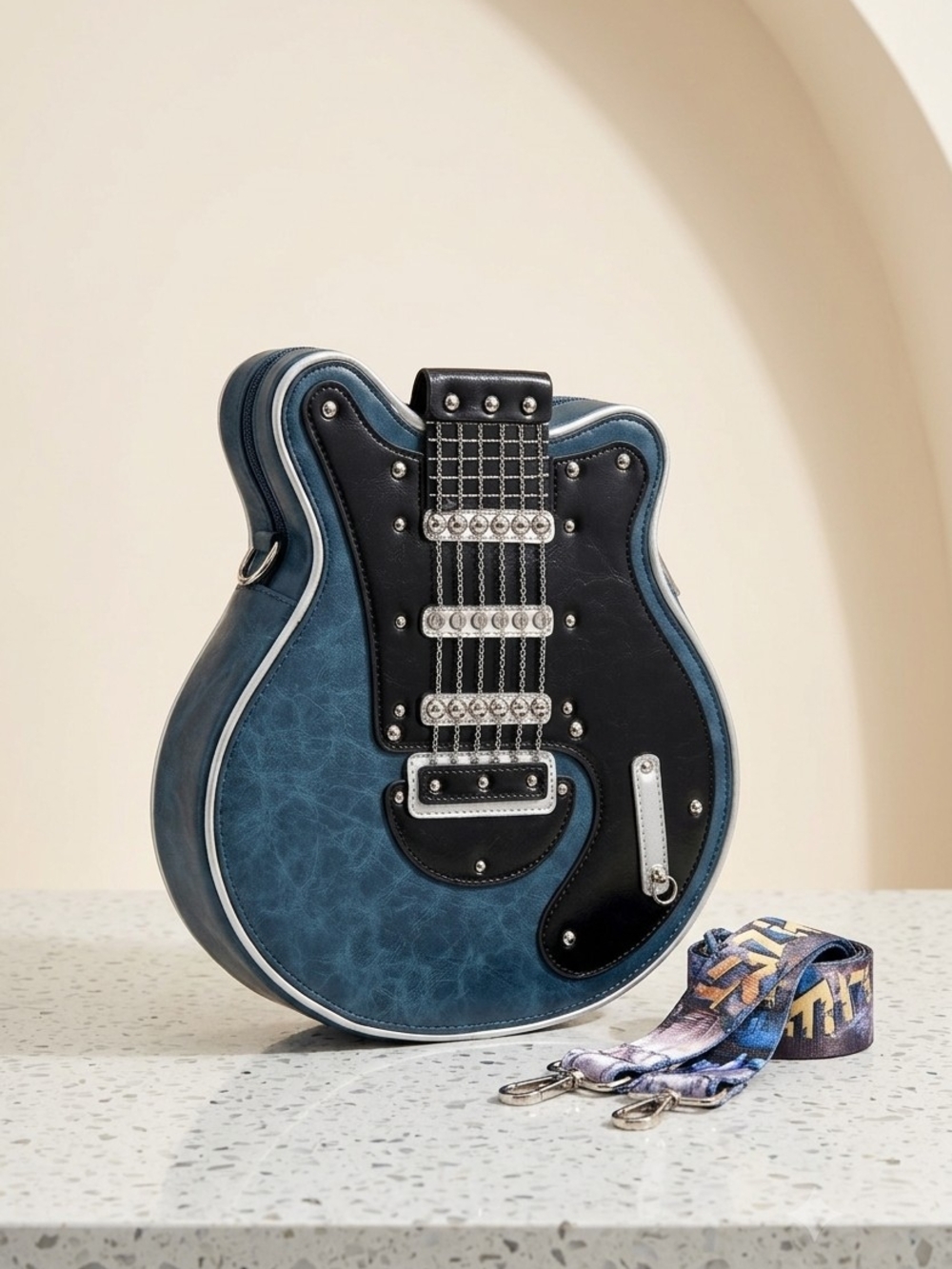 Guitar-Shaped Crossbody Bag in Blue and Black